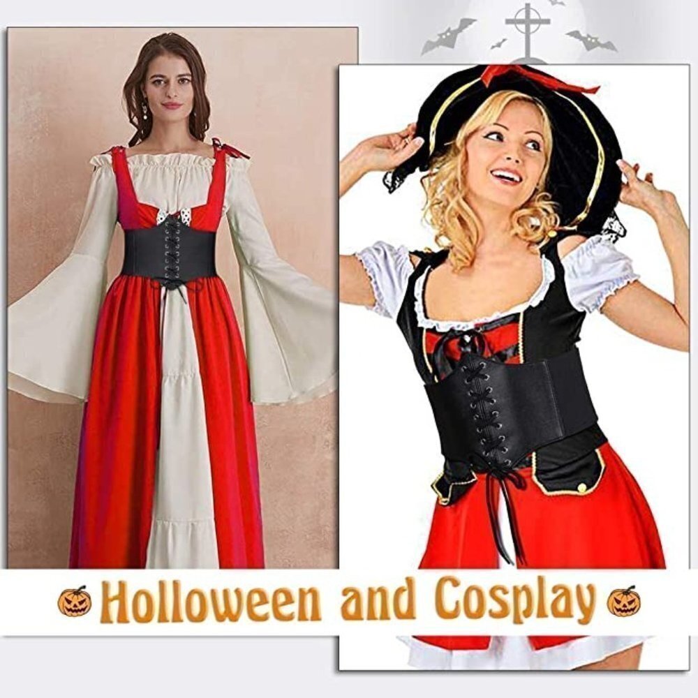 2 Pack Black & Brown Leather Elastic Wide Stretch Belts Corset Halloween Costume - Picture 7 of 12